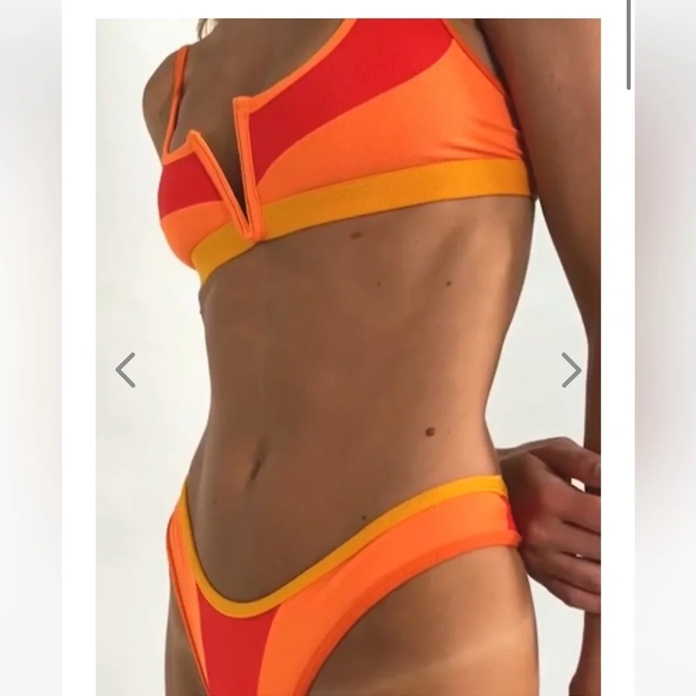 NWT OneOne Swimwear Bikini Set Cairo Orange Red Ribbed Jenna Maddie Small New